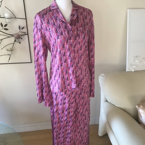 Vintage Diane Von Furstenberg Pink Silk DVF Logo Print Luxe Pajamas Size Medium - Picture 6 of 8
